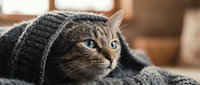 Adorable tabby cat wrapped in cozy gray knitted blanket at home, perfect for pet care, comfort and relaxation themes in marketing materials.