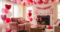 Romantic living room decorated for Valentine's Day with heart balloons, pink and red color scheme, cozy armchair, fireplace and festive garland decorations.