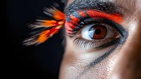 Extreme close up of eye with creative orange and red feather makeup art against black background, featuring dramatic artistic expression and vibrant colors.