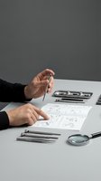 Technician hands working with precision tools and instruction manual on gray desk, magnifying glass and screwdrivers arranged nearby for repair work.
