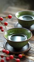 Green ceramic tea bowls with red berries on rustic wooden table creating peaceful zen atmosphere for meditation and relaxation rituals.