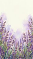 Watercolor lavender field border with purple flowers and soft pastel background for wedding invitations, spa branding and aromatherapy designs.