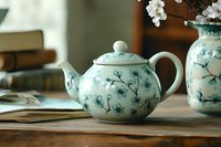 Elegant porcelain teapot with delicate blue floral pattern on white background, displayed on wooden table with matching vase and books, creating cozy atmosphere.