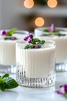 Creamy white cocktail garnished with fresh mint leaves and purple edible flowers in crystal glass, soft bokeh lights background, elegant drink styling.