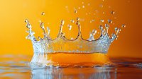 Dramatic water crown splash frozen in motion against vibrant orange background, with droplets suspended in air creating dynamic liquid sculpture effect.