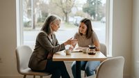 Two professional women having coffee meeting at cafe table discussing business collaboration and networking in modern workspace.