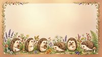 Cute hedgehogs surrounded by wildflowers and lavender create a charming border frame on cream background, perfect for stationery and greeting card designs.