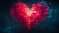 Glowing red heart shape formed by luminous particles and smoke effects against dark background, creating romantic atmospheric art for Valentine designs.
