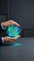 Businessman hands protecting holographic financial growth charts and analytics data with glowing blue neon effects for business strategy presentations.