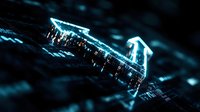 Glowing blue digital arrows pointing upward on dark electronic circuit background with binary code elements, representing growth and technological advancement.