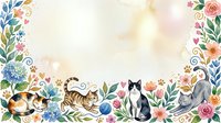 Watercolor floral frame with cute cats, flowers, and leaves on a light background, perfect for greeting cards, invitations, and pet-themed designs.