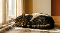 Tabby cat sleeping peacefully on wooden windowsill in warm sunlight streaming through curtains creating cozy domestic atmosphere for pet care content.