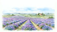 Watercolor lavender field landscape with rolling hills, farmhouse, and cypress trees, soft purple blooms in rows under a cloudy sky.