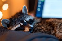 Sleeping raccoon close-up portrait with soft bokeh lights in background, showing furry face details and peaceful expression in warm evening atmosphere.