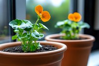 Orange nasturtium flowers growing in terracotta pots on windowsill, fresh green leaves and dark soil, selective focus with natural bokeh background.