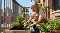 Senior woman gardening on urban balcony with herbs and vegetables in wooden planters. Sustainable city living and container gardening concept.