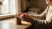Elderly woman hands protecting small wooden house model on table in warm sunlight, home insurance and real estate investment concept.
