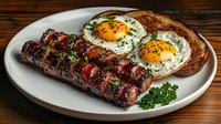 Grilled sausage links with crispy bacon wrap, served alongside sunny side up eggs garnished with fresh herbs on white ceramic plate against rustic wooden surface.