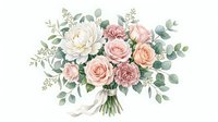 Elegant bridal bouquet with blush pink roses, white peonies and eucalyptus leaves tied with ribbon on transparent background for wedding designs.