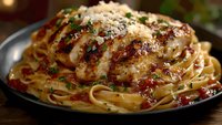Grilled chicken breast with parmesan cheese served over linguine pasta in rich tomato sauce, garnished with fresh herbs and red pepper flakes on dark plate.