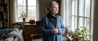 Senior woman with gray hair wearing blue cardigan standing by window in bright living room with bookshelves, plants, and natural light for lifestyle and home interior design use.