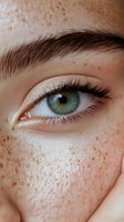 Close-up of green eye with natural freckles across fair skin, long dark eyelashes and defined eyebrow, showing natural beauty and facial features.