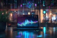 Laptop displaying financial charts and data visualization with neon cyberpunk atmosphere, digital matrix rain effect and bokeh lights reflecting on dark surface.