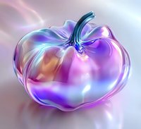 Iridescent glass pumpkin with holographic rainbow effect and smooth curves glows with purple, blue and pink hues against soft gradient background.