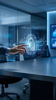 Businessman touching digital fingerprint security lock hologram in modern office with futuristic cybersecurity technology interface and data protection concept.