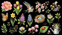 Watercolor spring and garden elements collection with isolated flowers, birds, butterflies, insects, and botanical designs on transparent background. Ready for clipart, t-shirt design, stickers, sublimation, print-on-demand projects and digital crafts.