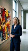 Mature businesswoman in navy suit contemplating abstract artwork in modern gallery space with natural lighting and concrete walls.