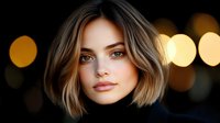 Young woman with short brown hair and freckles against dark background with golden bokeh lights creating atmospheric portrait mood.