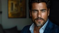 Confident mature businessman with salt and pepper beard wearing navy blue suit and white shirt, dramatic lighting creates professional atmosphere for corporate portraits.