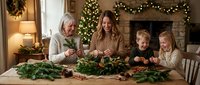 Multigenerational family crafting festive Christmas wreath with pine branches, dried oranges, and cinnamon at a wooden table in a cozy decorated home.