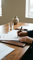 Person signing important document at wooden desk with pen in hand. Business contract agreement paperwork legal forms office workspace professional setting.