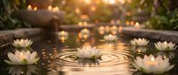 Serene spa water with floating lotus flowers and warm candles creating peaceful ripples for meditation and wellness relaxation therapy treatments.