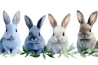 Four adorable baby rabbits in different colors sitting together with green leaves, watercolor style illustration isolated on white background.