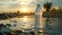 Clear plastic water bottle on wet rocky shore during golden sunset, with sun reflection on water surface and silhouetted trees in background creating atmospheric scene.