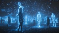 Glowing blue holographic human figures standing in dark space with particle effects, creating ethereal atmosphere. Futuristic crowd scene with luminescent silhouettes against night sky.