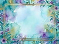 Watercolor floral frame with turquoise, purple, and yellow blooms surrounding white center space. Botanical border with leaves and flowers ideal for invitations, greeting cards, and design backgrounds.
