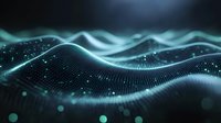 Glowing turquoise waves of digital particles form abstract flowing landscape against dark background, creating futuristic technology visualization with depth and movement.