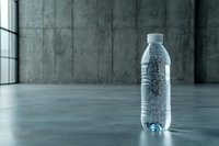 Cold water bottle with condensation drops on gray concrete background, minimalist composition with natural window light and copy space.