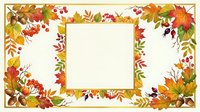 Autumn foliage frame with fall leaves, berries, and branches in warm colors surrounding blank center space for text or design placement.