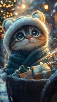 Adorable cat in winter hat and scarf gazes upward amid snowy holiday scene with wrapped presents and glowing bokeh lights in magical evening atmosphere.