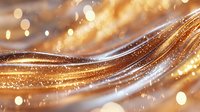 Luxurious golden waves with sparkling glitter particles and bokeh effect on brown background create elegant flowing abstract design for festive backgrounds.
