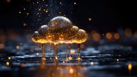 Glowing cloud shape on crystal legs with magical golden sparkles against dark background, mysterious atmosphere with bokeh lights and reflections on wet surface.