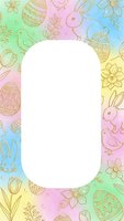 Colorful Easter frame with decorated eggs, bunnies, chicks and flowers on pastel rainbow background. Spring holiday border template for greeting cards and invitations.