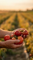 Farmer hands holding fresh ripe red tomatoes at sunset in agricultural field during harvest season showcasing organic farming and healthy food production.