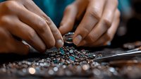 African American female hands working with small gemstones and jewelry pieces on dark surface, selective focus on detailed craftsmanship in jewelry making process.