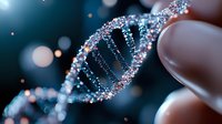 Sparkling DNA molecule helix structure with glowing particles and bokeh effect on dark background, finger touching genetic research concept.
